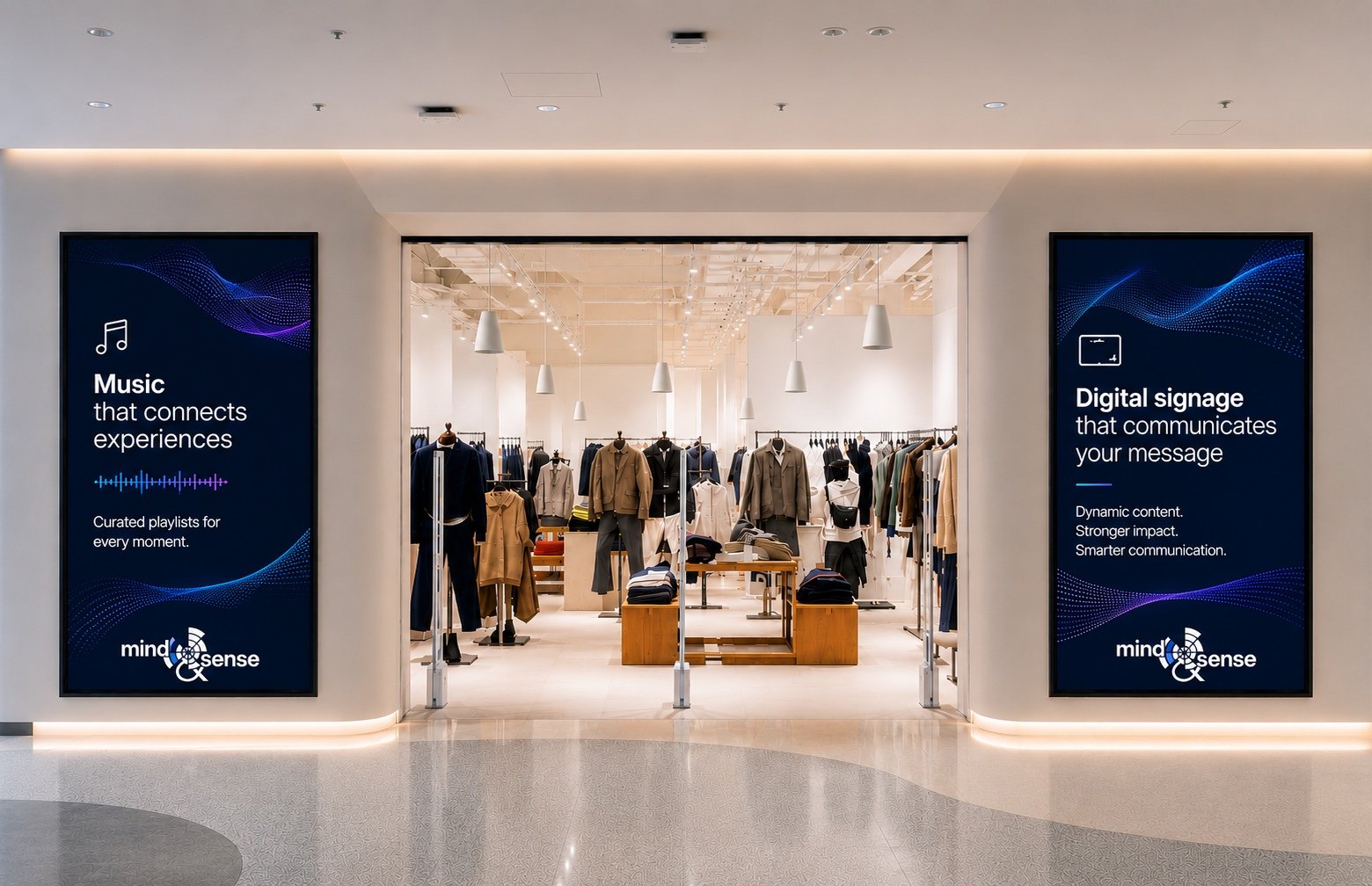 Retail store equipped with branded music, digital signage, and integrated audiovisual systems