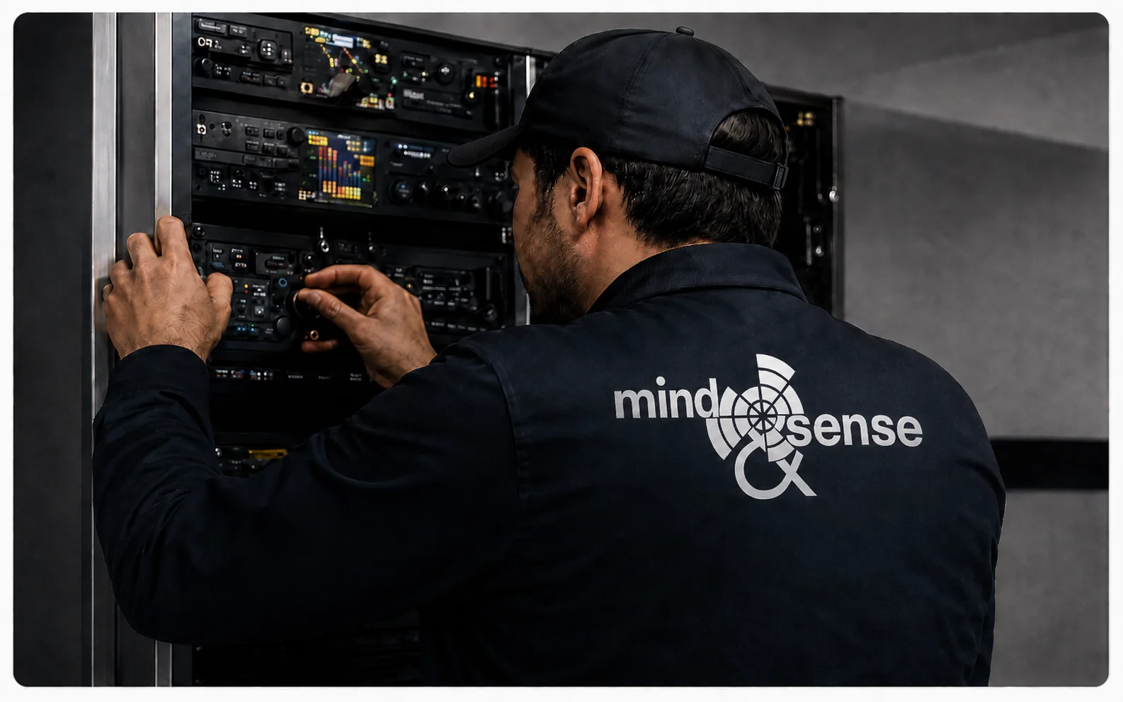 Técnico de Mind & Sense realizando mantenimiento preventivo en equipos audiovisuales