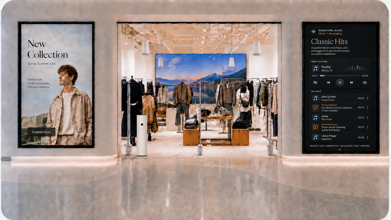 Retail store with integrated music, brand messaging, scent and digital signage