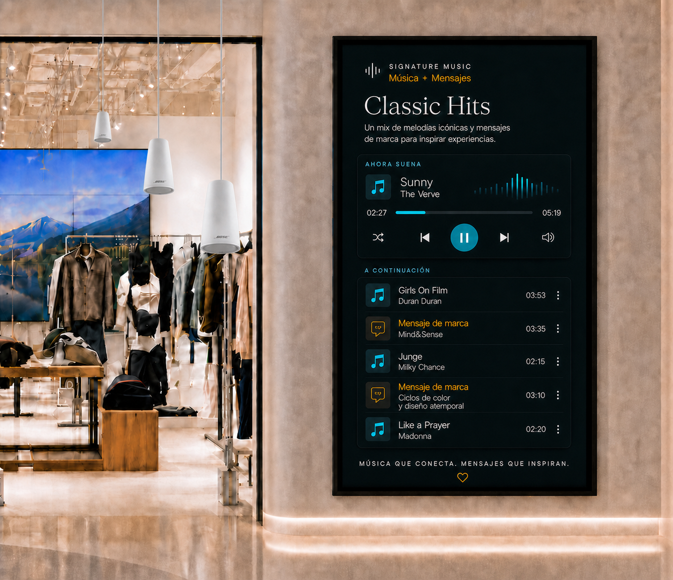 Acercamiento a la pantalla de música y mensajes en una tienda