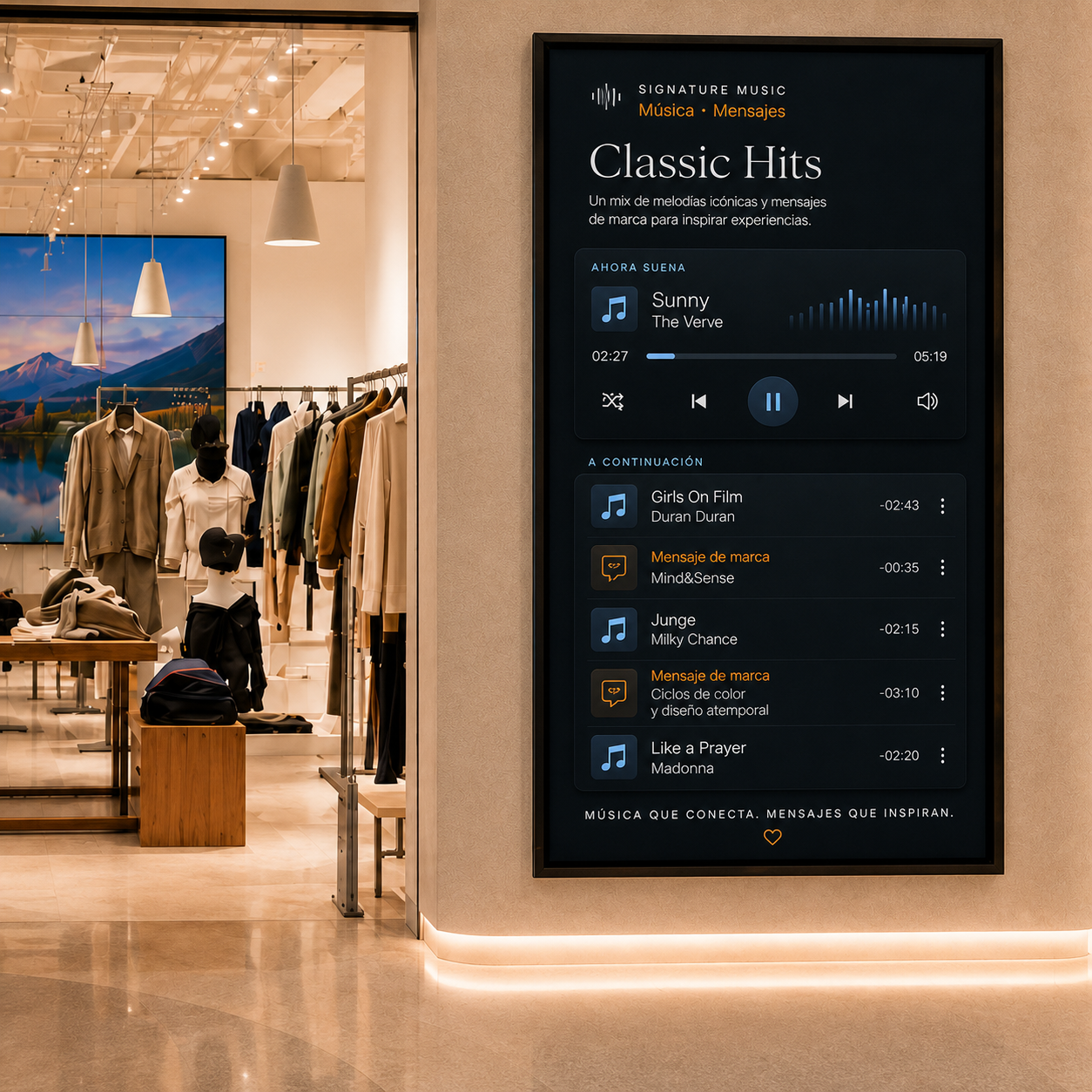 Acercamiento a la pantalla de música y mensajes en una tienda